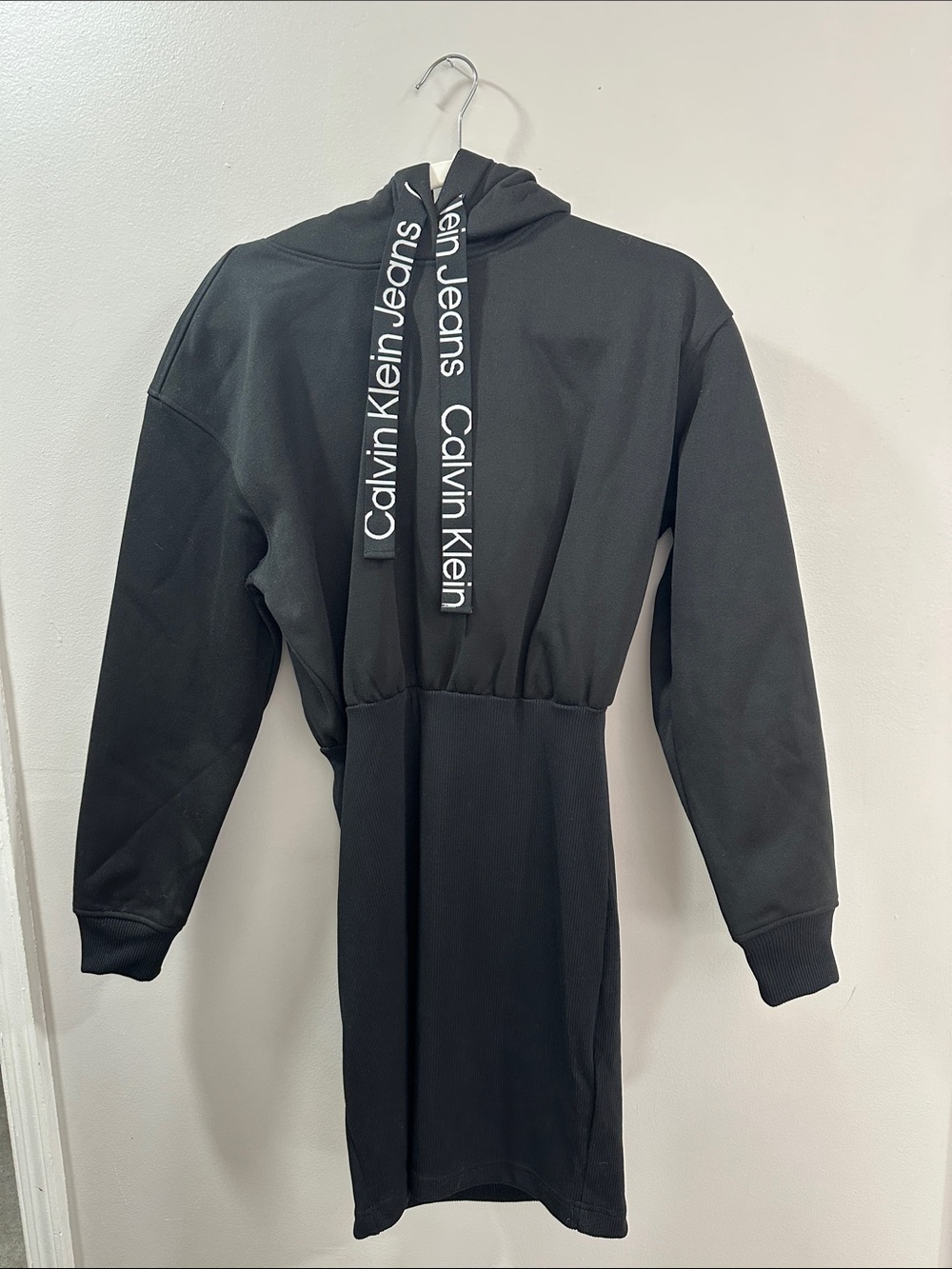 Calvin Klein Jeans Black Hoodie Dress with Logo Drawstrings